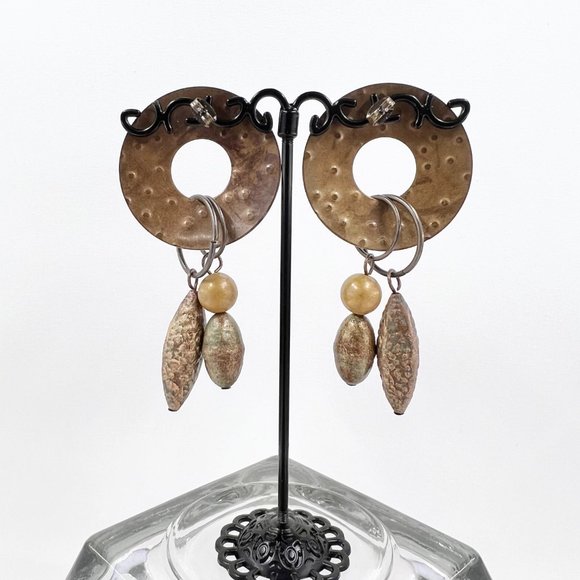 NWOT - Artisan BOHO Brass Tone Textured Metal Dangle Post Earrings - Picture 4 of 6